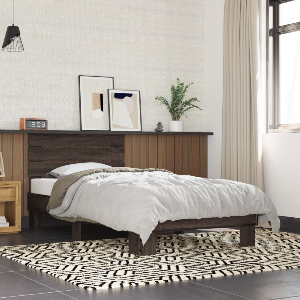 Bedframe bewerkt hout en metaal bruin eikenkleurig 90x190 cm - AllerleiShop