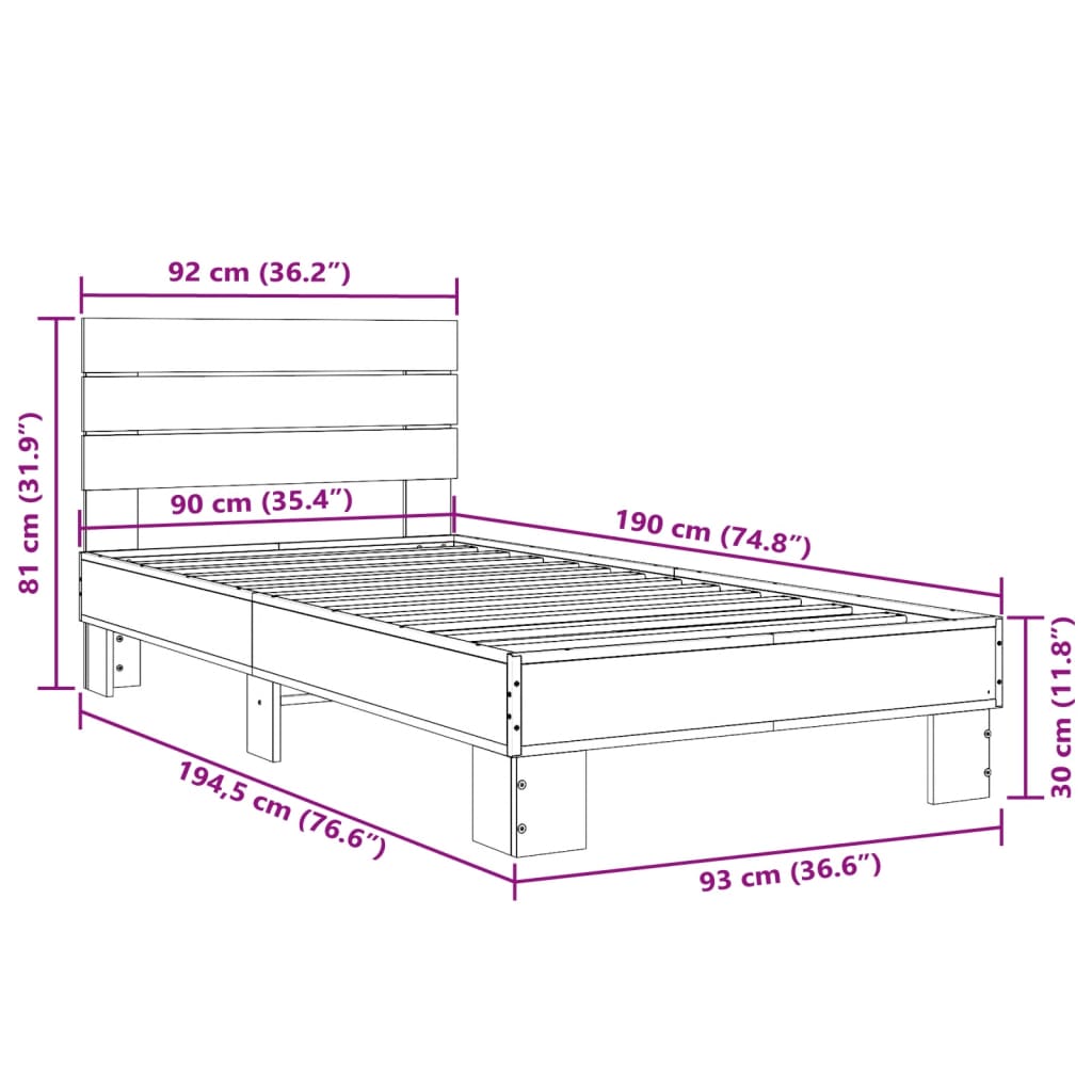 Bedframe bewerkt hout en metaal bruin eikenkleurig 90x190 cm - AllerleiShop