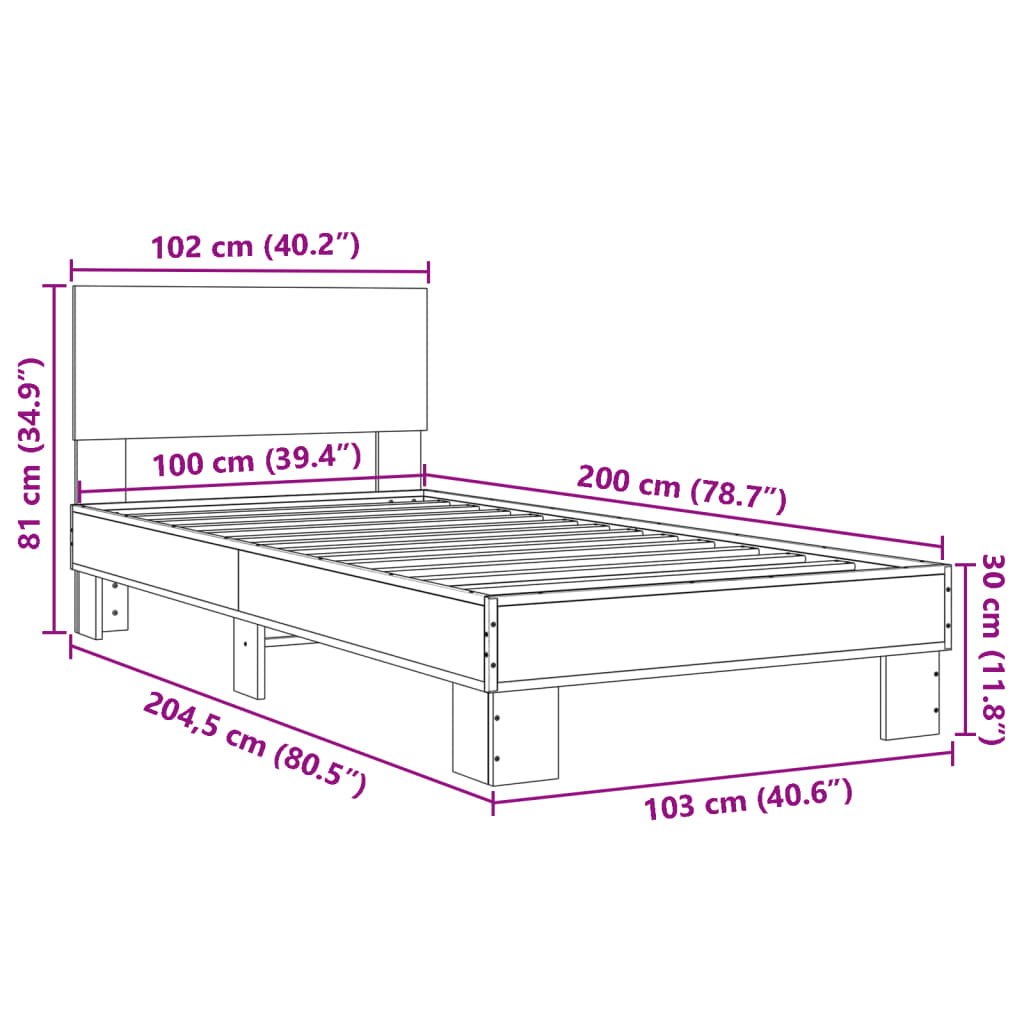 Bedframe bewerkt hout en metaal sonoma eikenkleurig 100x200 cm - AllerleiShop