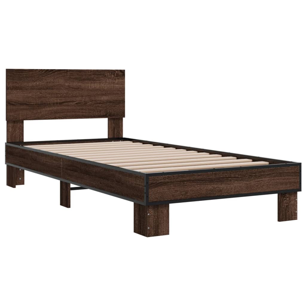 Bedframe bewerkt hout en metaal bruin eikenkleurig 100x200 cm - AllerleiShop