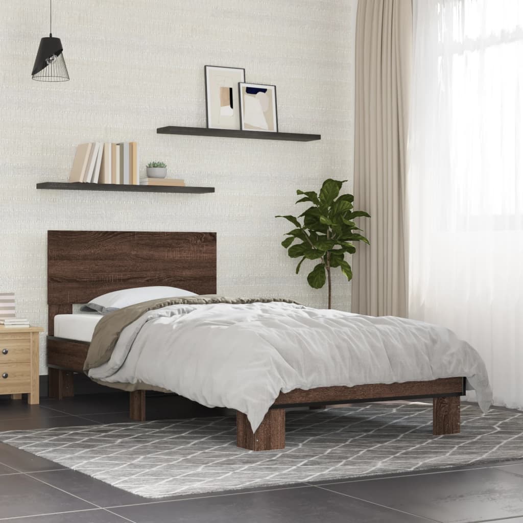 Bedframe bewerkt hout en metaal bruin eikenkleurig 100x200 cm - AllerleiShop