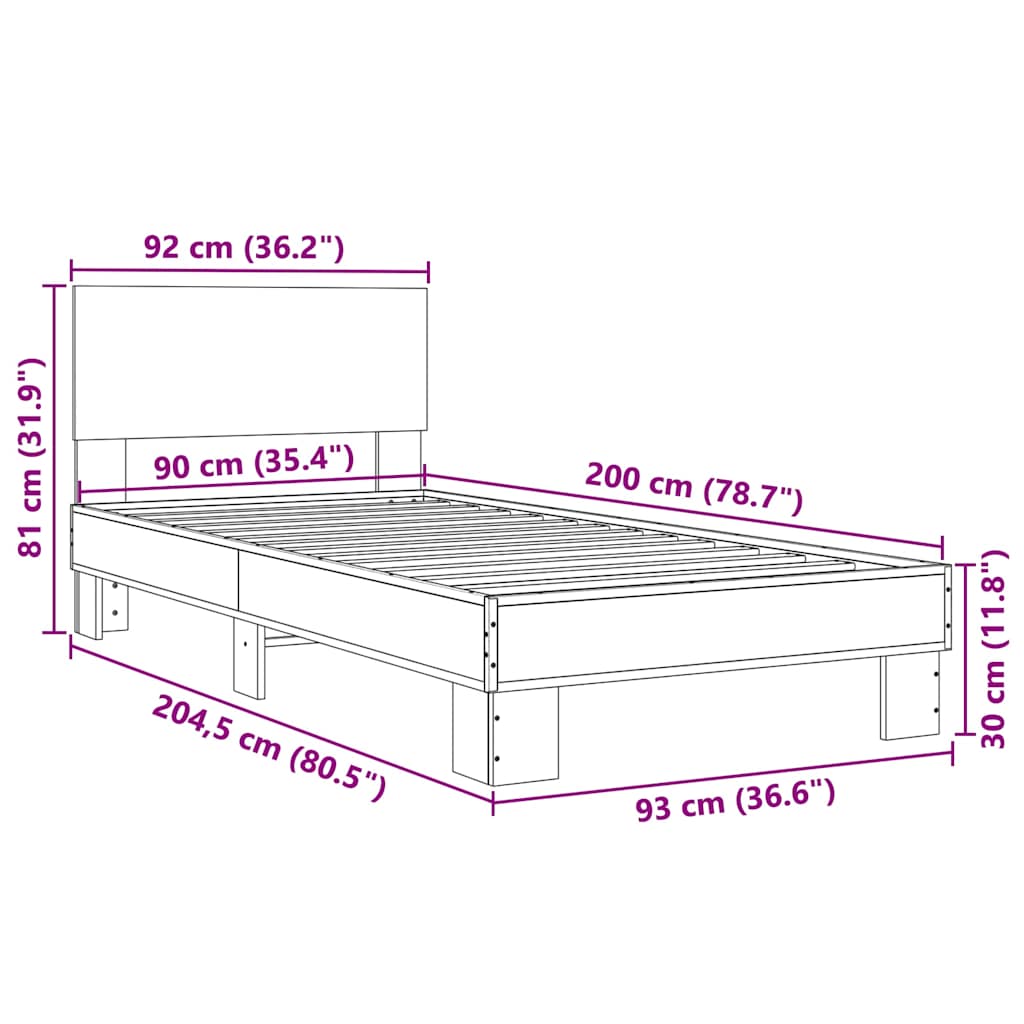 Bedframe bewerkt hout en metaal grijs sonoma eiken 90x200 cm