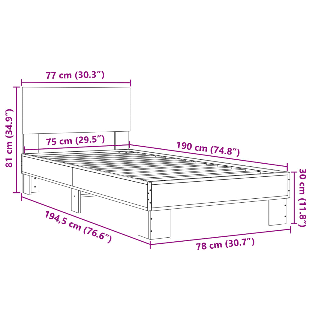 Bedframe bewerkt hout en metaal zwart 75x190 cm - AllerleiShop