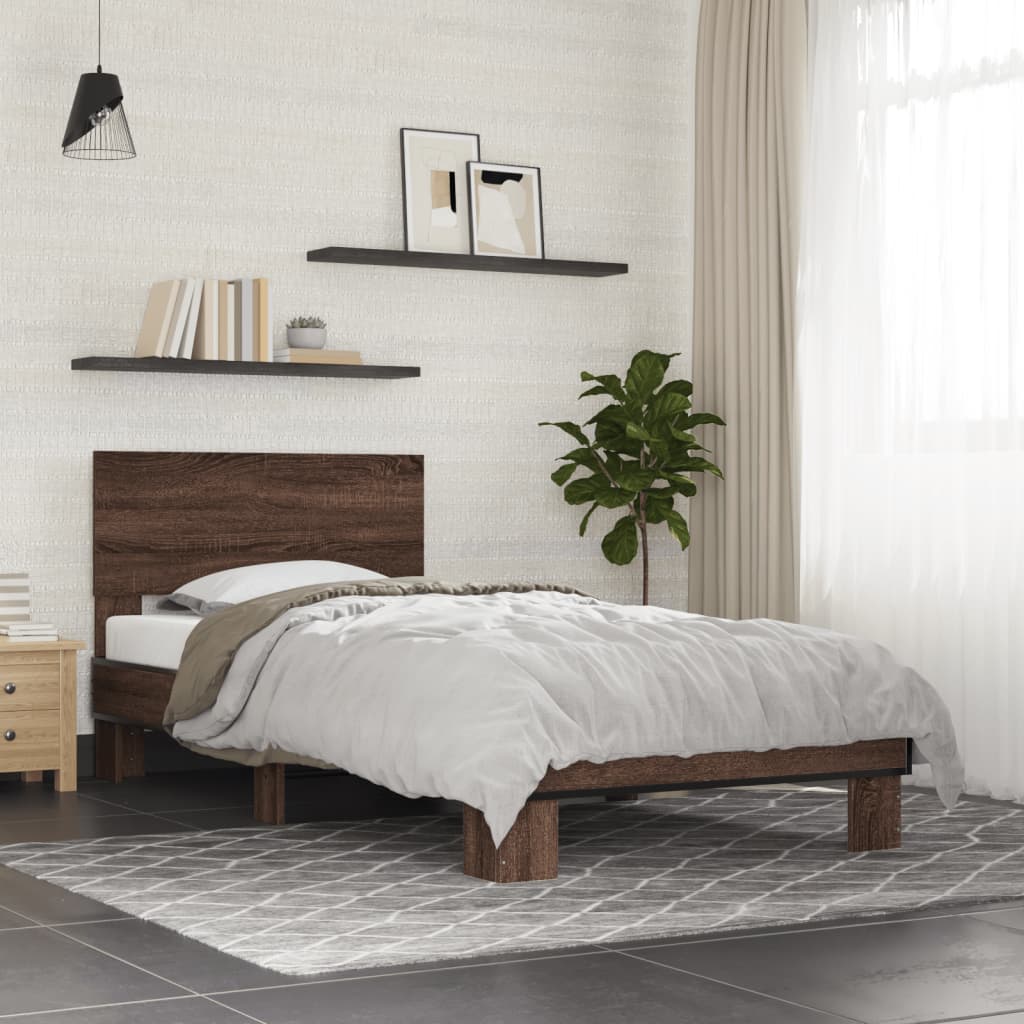 Bedframe bewerkt hout en metaal bruin eikenkleurig 90x190 cm - AllerleiShop