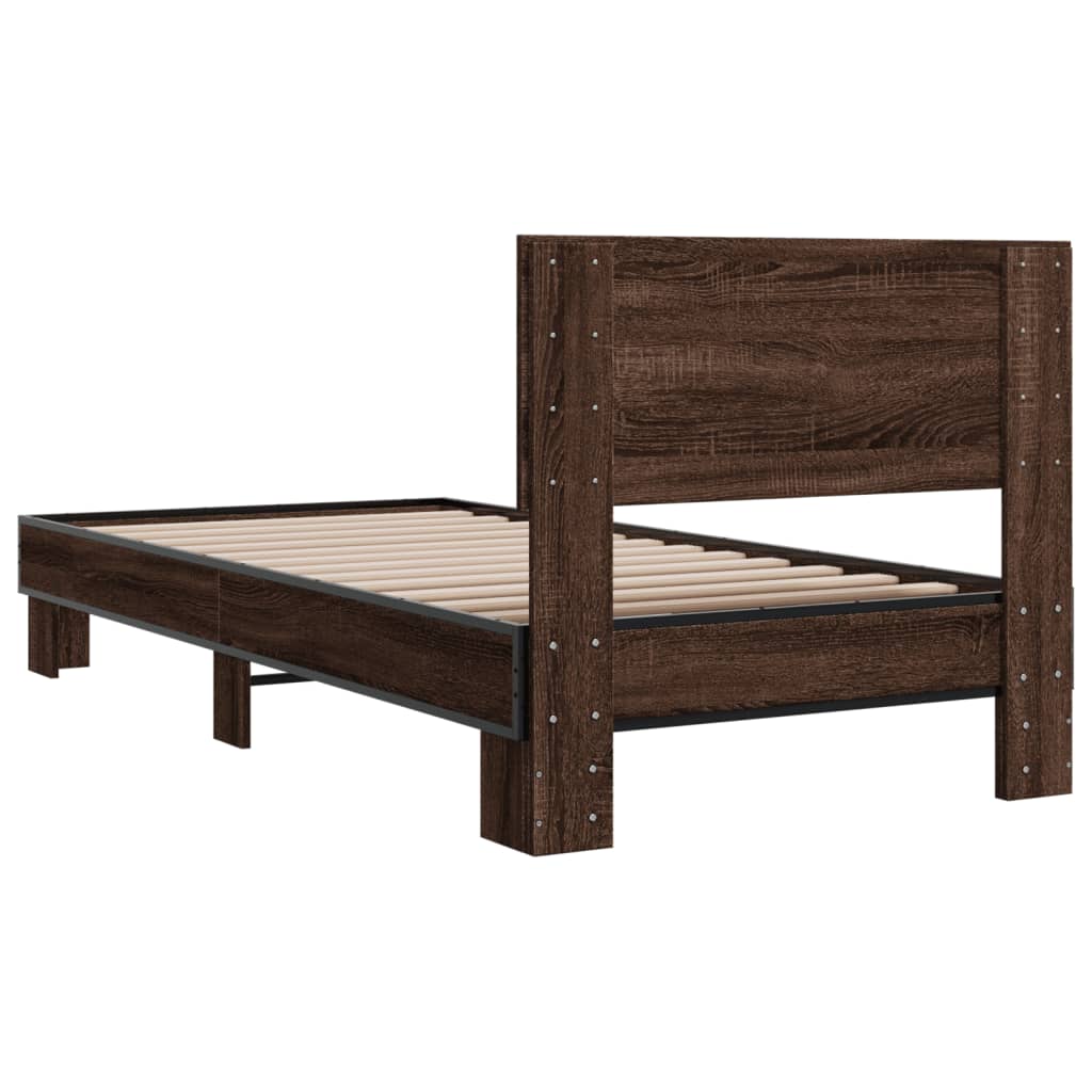 Bedframe bewerkt hout en metaal bruin eikenkleurig 90x190 cm - AllerleiShop