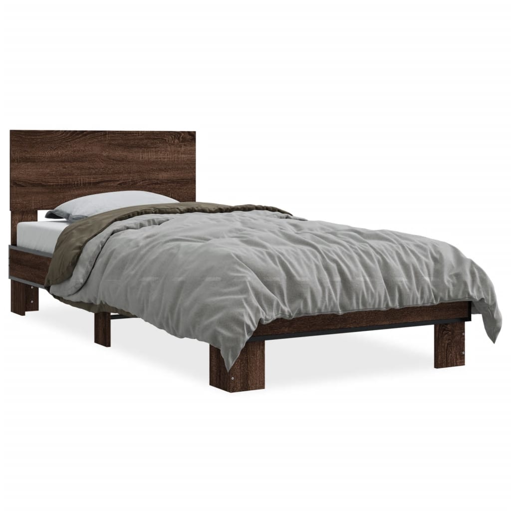 Bedframe bewerkt hout en metaal bruin eikenkleurig 90x190 cm - AllerleiShop