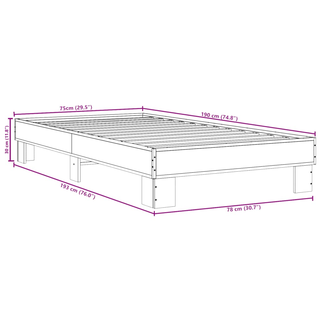 Bedframe bewerkt hout en metaal sonoma eikenkleurig 75x190 cm - AllerleiShop