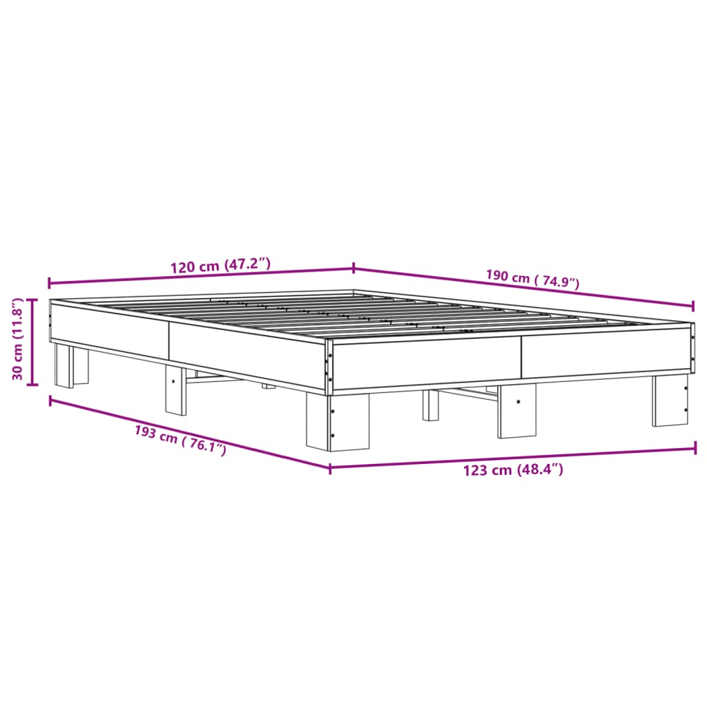 Bedframe bewerkt hout metaal grijs sonoma eiken 120x190 cm - AllerleiShop