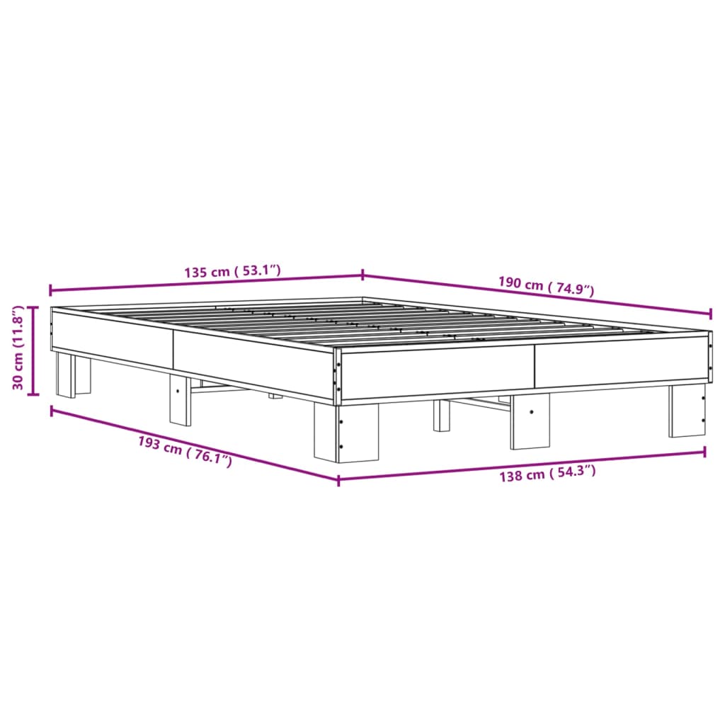 Bedframe bewerkt hout metaal gerookt eikenkleurig 135x190 cm