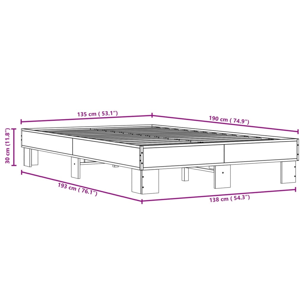 Bedframe bewerkt hout metaal bruin eikenkleur 135x190 cm - AllerleiShop