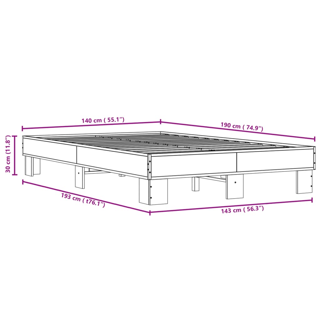 Bedframe bewerkt hout metaal bruin eikenkleur 140x190 cm
