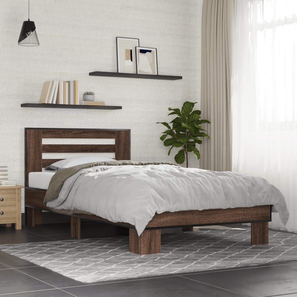 Bedframe bewerkt hout en metaal bruin eikenkleurig 90x190 cm - AllerleiShop