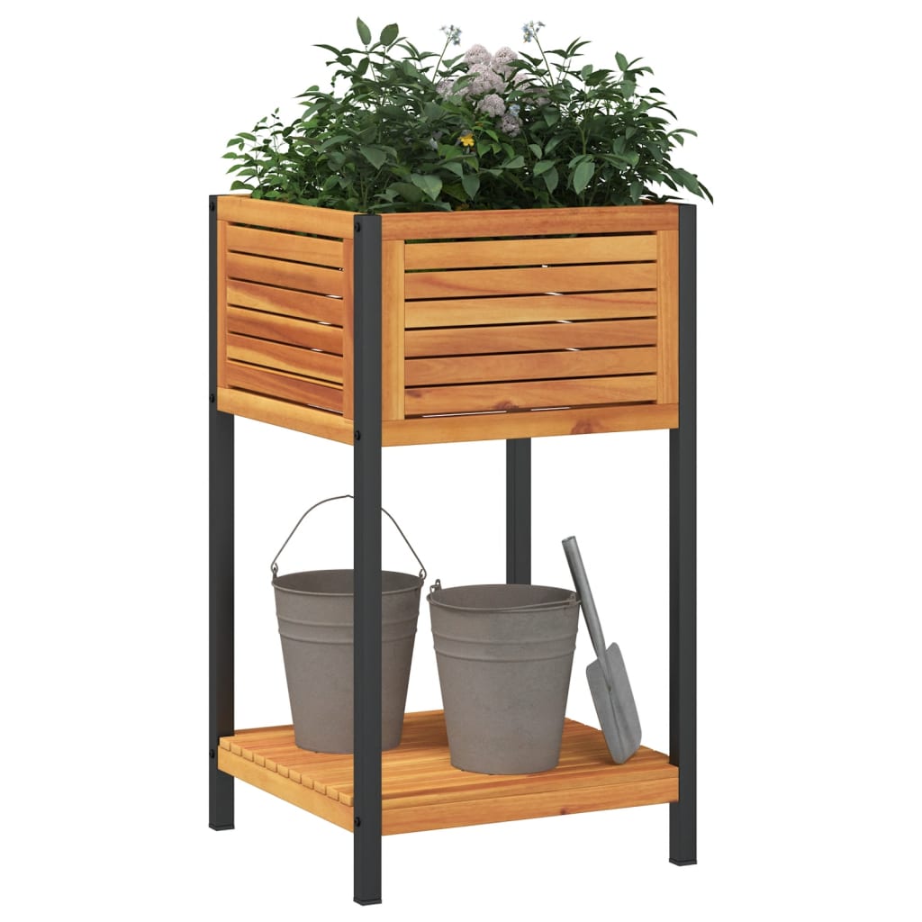 Plantenbak met schap 45x45x80 cm massief acaciahout en staal - AllerleiShop