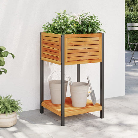 Plantenbak met schap 45x45x80 cm massief acaciahout en staal - AllerleiShop