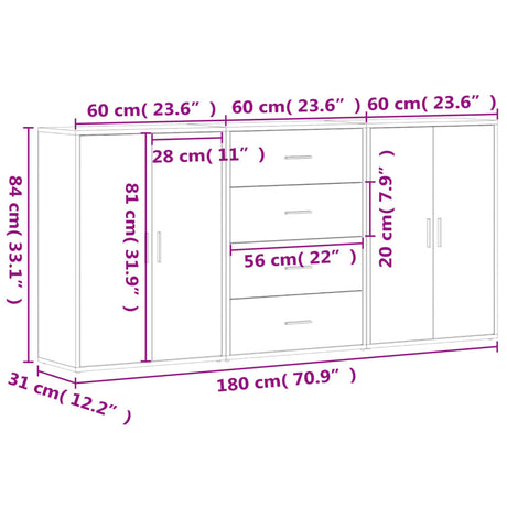 Dressoirs 3 st 60x31x84 cm bewerkt hout wit - AllerleiShop