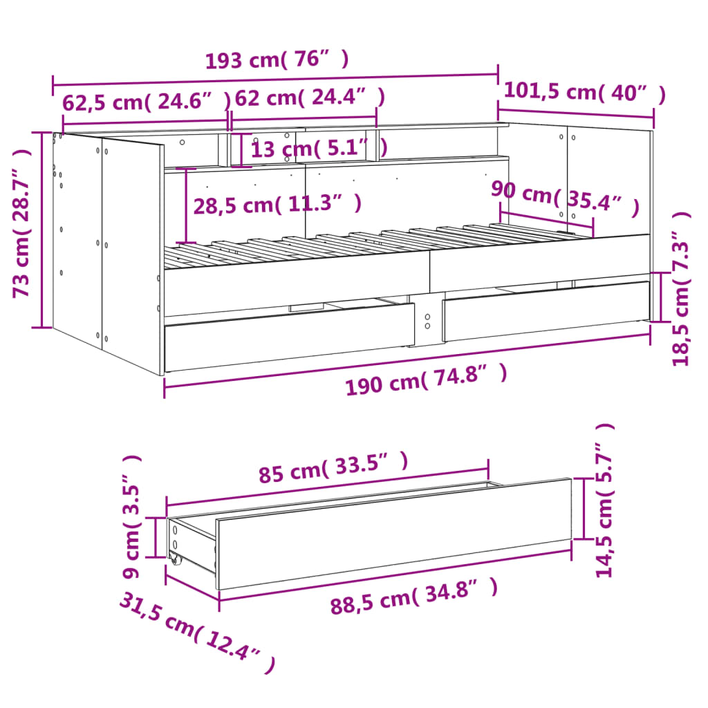 Slaapbank met lades zonder matras 90x190 cm gerookt eikenkleur