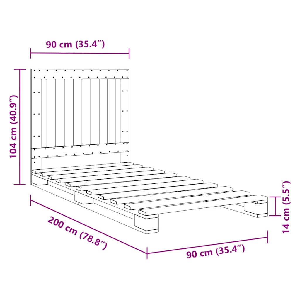 Bedframe met hoofdbord massief grenenhout 90x200 cm
