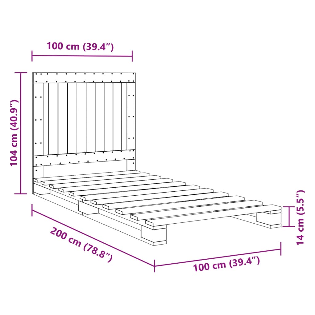 Bedframe met hoofdbord massief grenenhout 100x200 cm