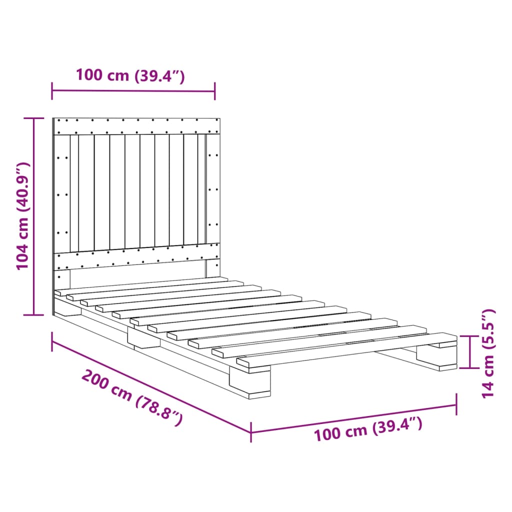 Bedframe met hoofdbord massief grenenhout grijs 100x200 cm