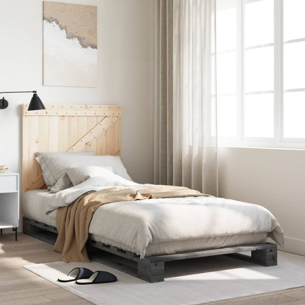 Bedframe met hoofdbord massief grenenhout grijs 90x200 cm