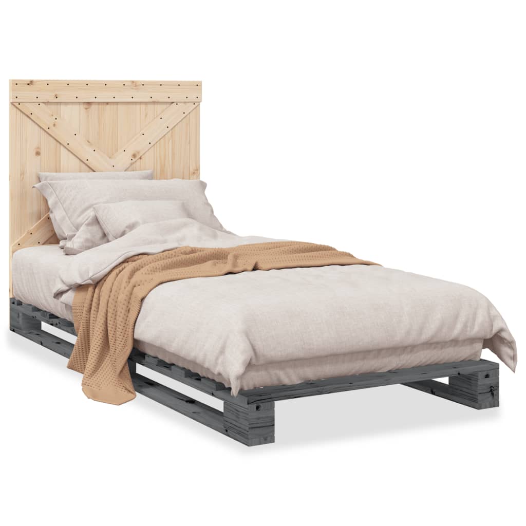 Bedframe met hoofdbord massief grenenhout grijs 90x200 cm