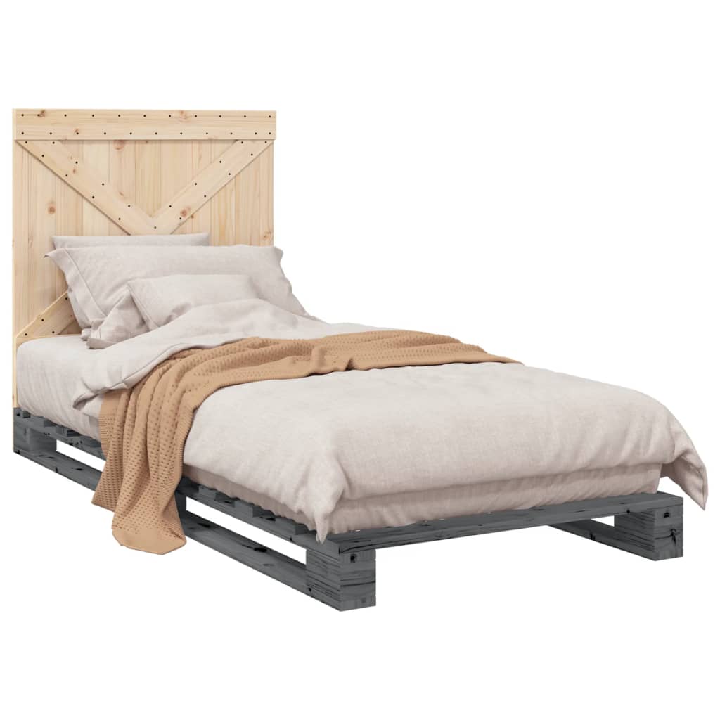 Bedframe met hoofdbord massief grenenhout grijs 90x200 cm