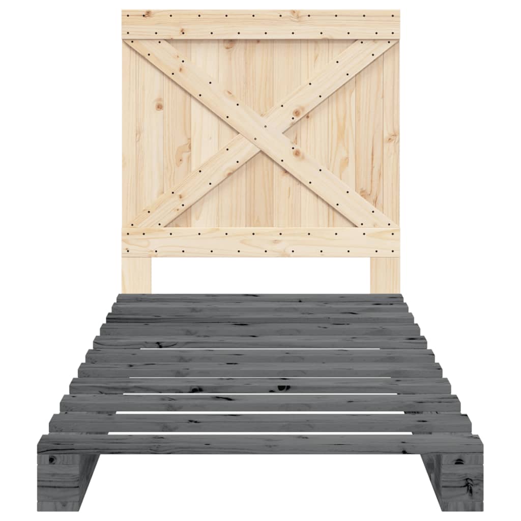 Bedframe met hoofdbord massief grenenhout grijs 90x200 cm