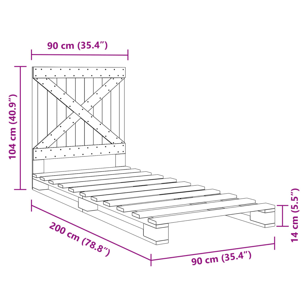 Bedframe met hoofdbord massief grenenhout grijs 90x200 cm