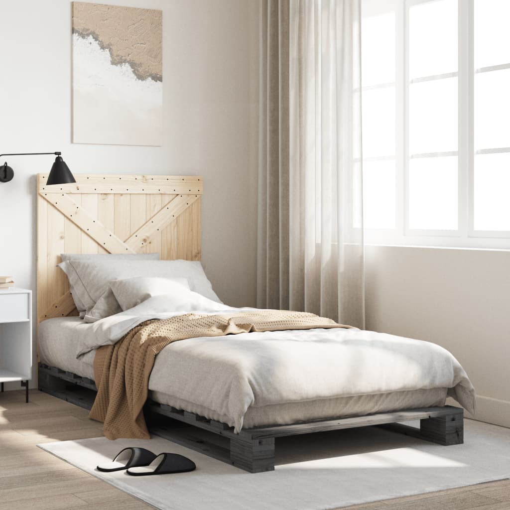 Bedframe met hoofdbord massief grenenhout grijs 90x200 cm
