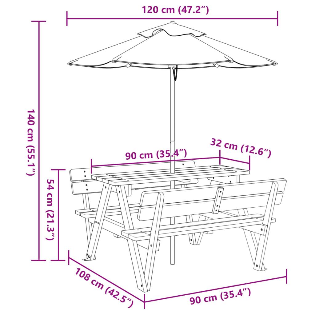 Picknicktafel voor 4 kinderen met parasol massief vurenhout - AllerleiShop