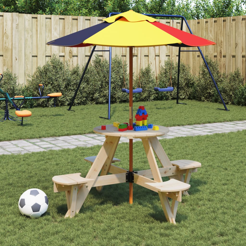 Picknicktafel voor 4 kinderen met parasol rond vurenhout - AllerleiShop