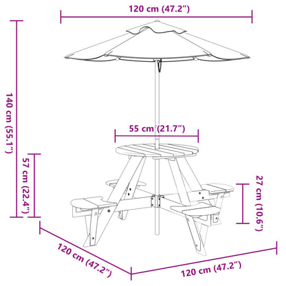 Picknicktafel voor 4 kinderen met parasol rond vurenhout - AllerleiShop