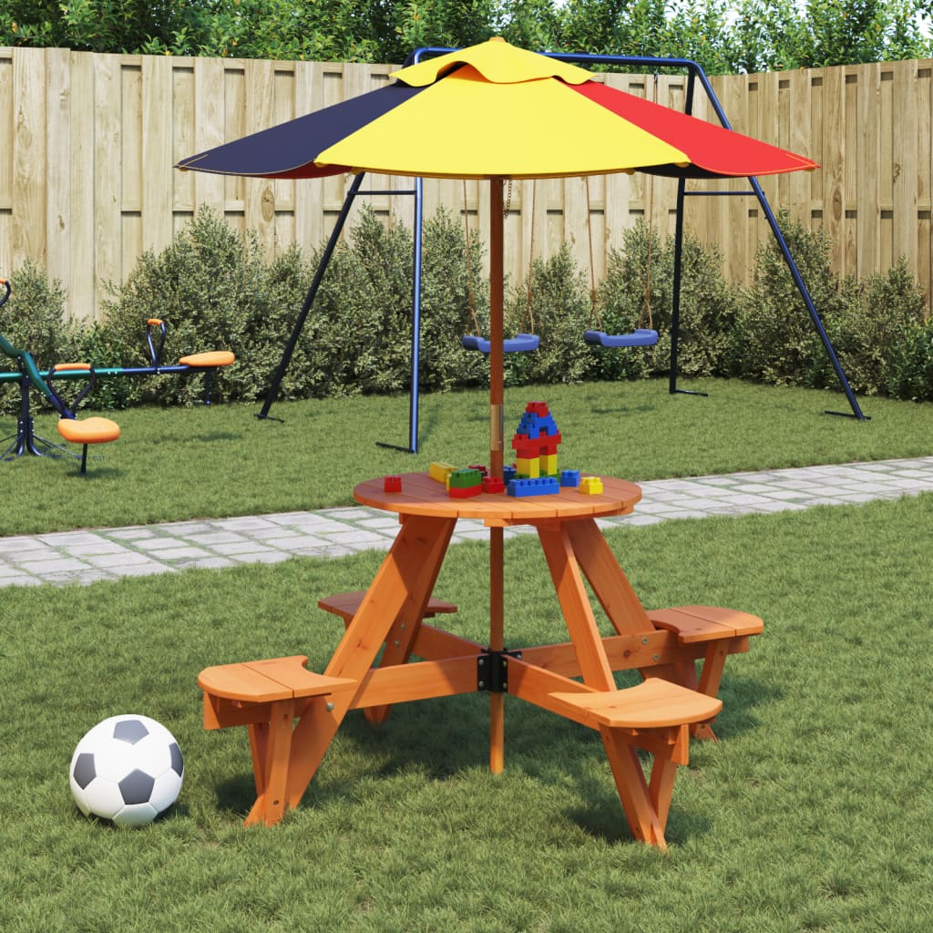 Picknicktafel voor 4 kinderen met parasol rond vurenhout - AllerleiShop