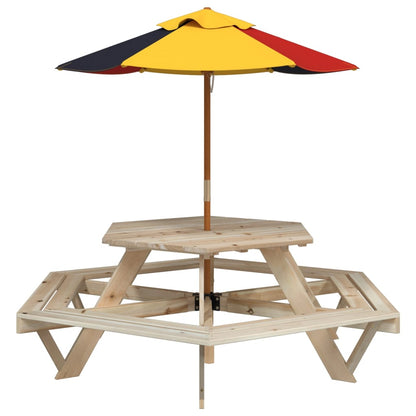 Picknicktafel voor 4 kinderen met parasol zeshoekig vurenhout - AllerleiShop