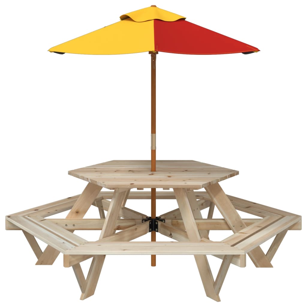 Picknicktafel voor 4 kinderen met parasol zeshoekig vurenhout - AllerleiShop