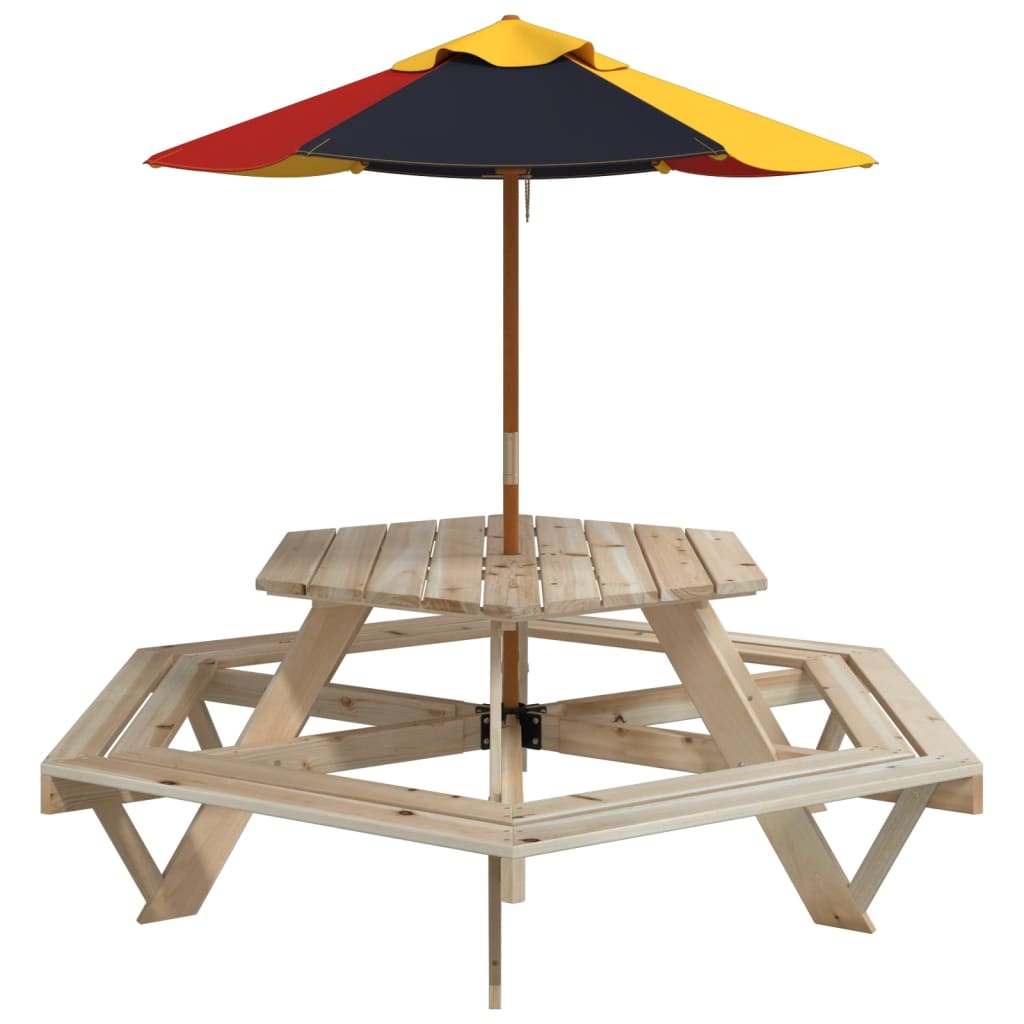 Picknicktafel voor 4 kinderen met parasol zeshoekig vurenhout - AllerleiShop