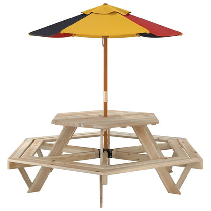 Picknicktafel voor 4 kinderen met parasol zeshoekig vurenhout - AllerleiShop