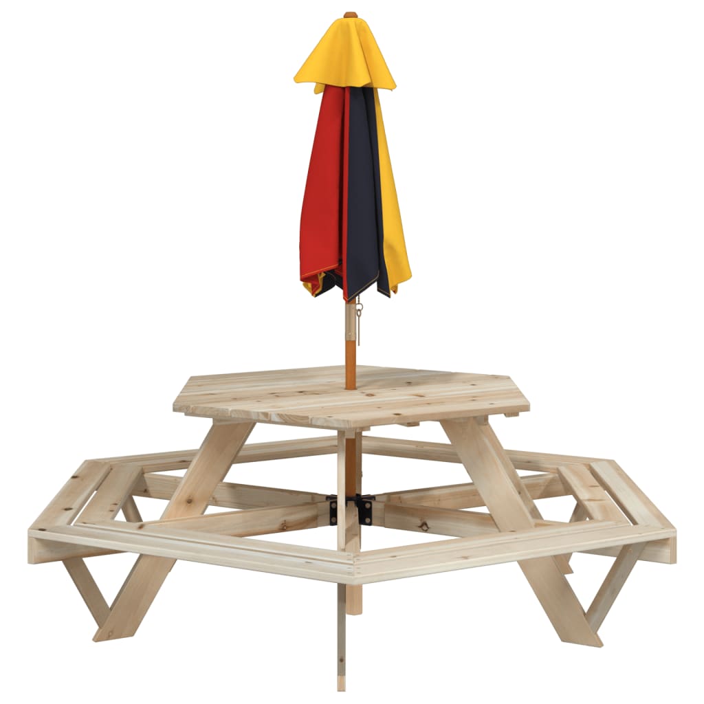 Picknicktafel voor 4 kinderen met parasol zeshoekig vurenhout - AllerleiShop