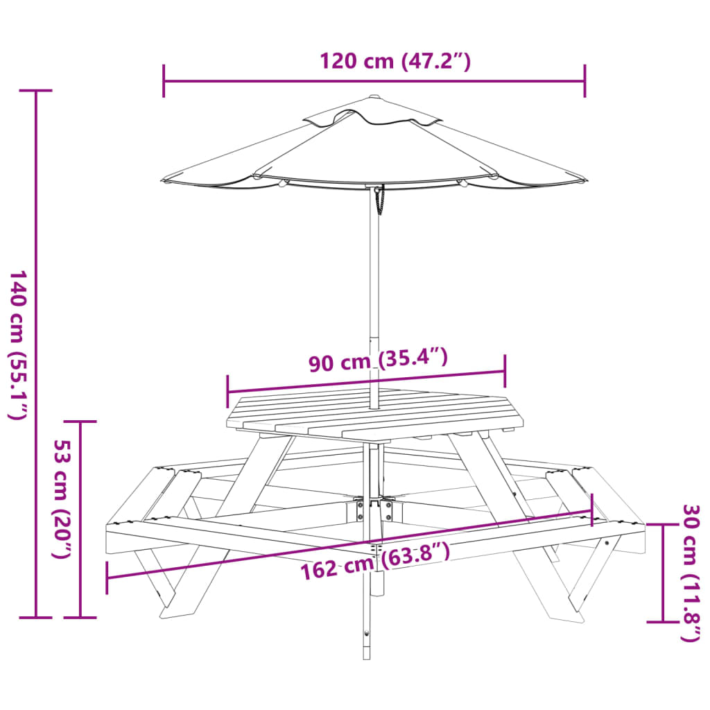 Picknicktafel voor 4 kinderen met parasol zeshoekig vurenhout - AllerleiShop