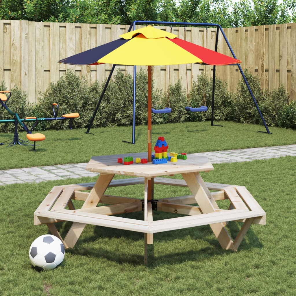 Picknicktafel voor 4 kinderen met parasol zeshoekig vurenhout - AllerleiShop