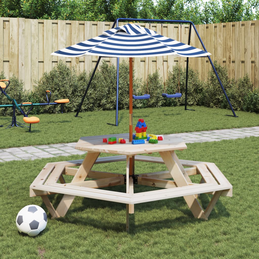 Picknicktafel voor 4 kinderen met parasol zeshoekig vurenhout - AllerleiShop