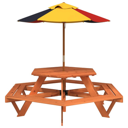 Picknicktafel voor 4 kinderen met parasol zeshoekig vurenhout - AllerleiShop