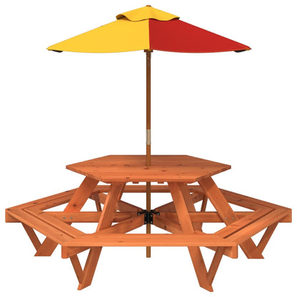 Picknicktafel voor 4 kinderen met parasol zeshoekig vurenhout - AllerleiShop