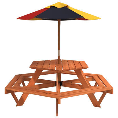 Picknicktafel voor 4 kinderen met parasol zeshoekig vurenhout - AllerleiShop