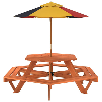 Picknicktafel voor 4 kinderen met parasol zeshoekig vurenhout - AllerleiShop