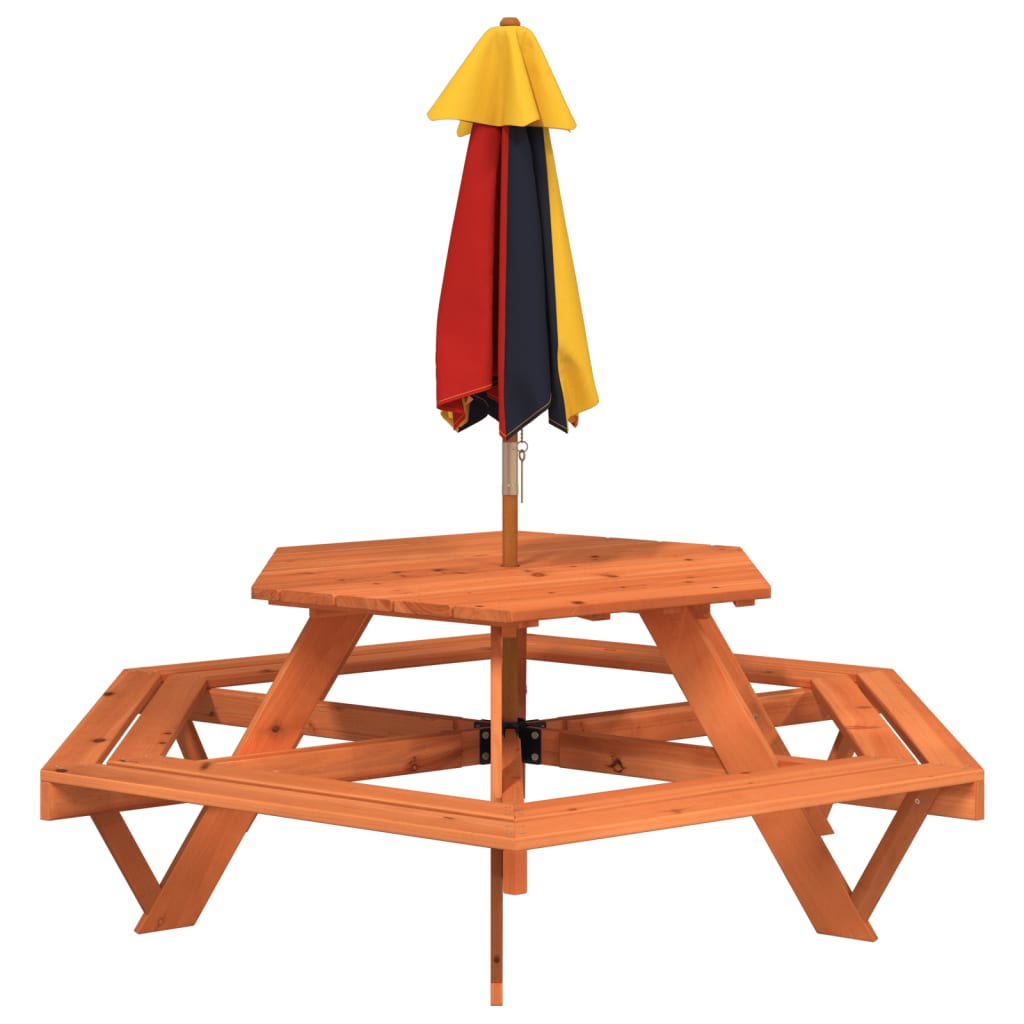 Picknicktafel voor 4 kinderen met parasol zeshoekig vurenhout - AllerleiShop