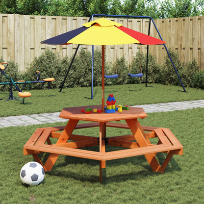 Picknicktafel voor 4 kinderen met parasol zeshoekig vurenhout - AllerleiShop