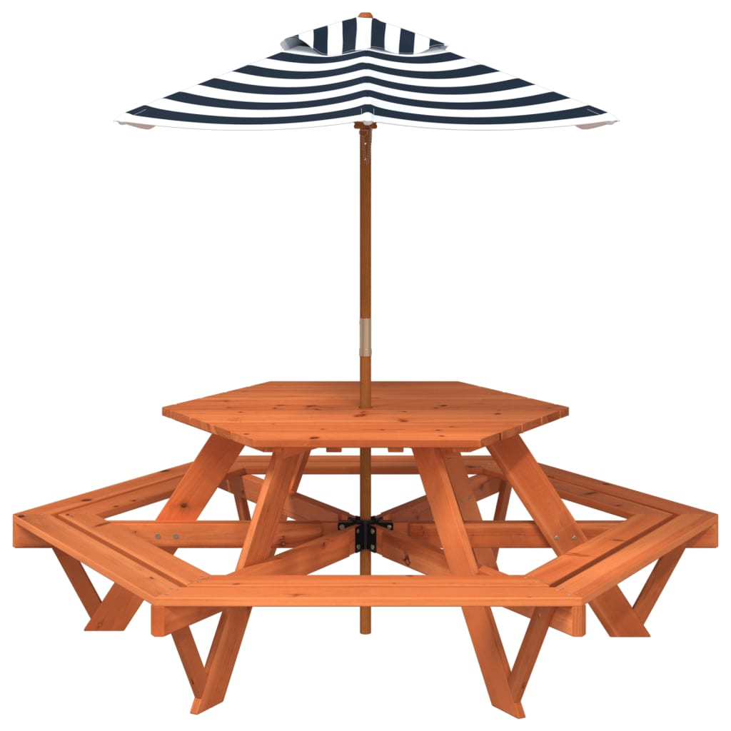 Picknicktafel voor 4 kinderen met parasol zeshoekig vurenhout - AllerleiShop