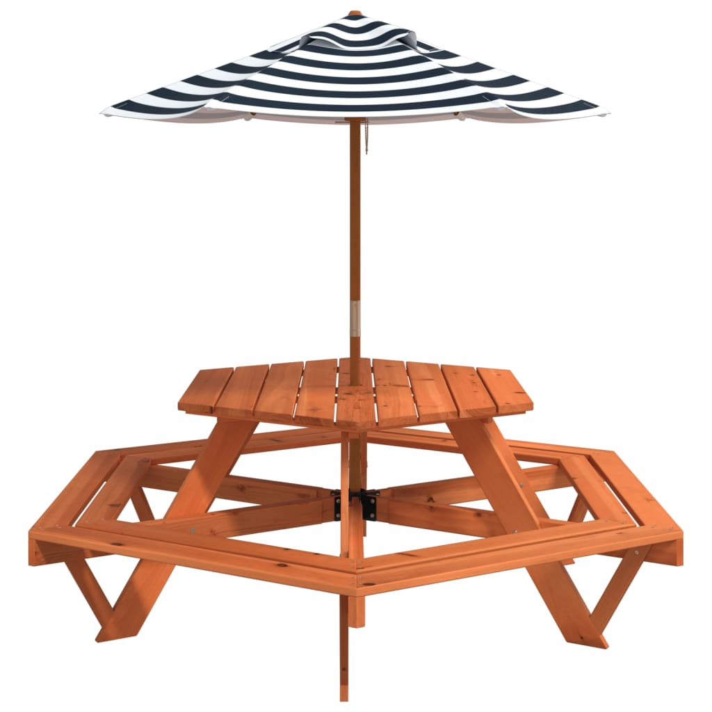 Picknicktafel voor 4 kinderen met parasol zeshoekig vurenhout - AllerleiShop