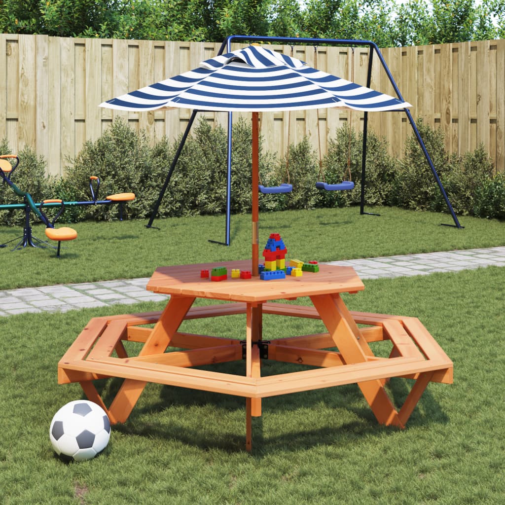 Picknicktafel voor 4 kinderen met parasol zeshoekig vurenhout - AllerleiShop